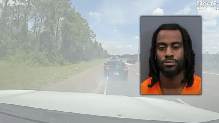 A sheriff's vehicle on a highway after deputies stopped a car with a grappler device