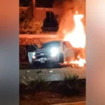 Burned vehicle after a police pursuit ended in a rollover crash in Azusa