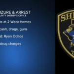 Police evidence bags and firearms laid out during a drug bust investigation
