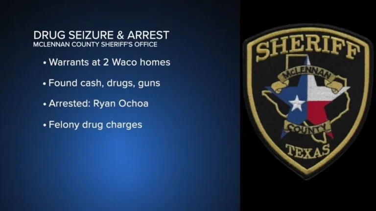 Police evidence bags and firearms laid out during a drug bust investigation