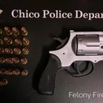 A Chico Police Department patrol car near a Taco Bell parking lot after a firearm arrest