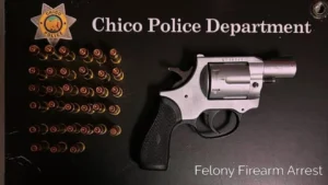 A Chico Police Department patrol car near a Taco Bell parking lot after a firearm arrest